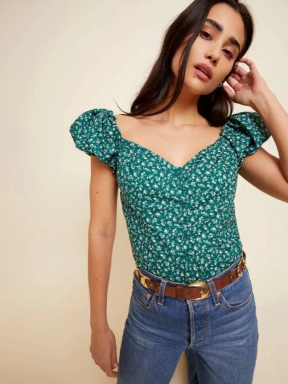 Nation LTD Angel Bubble Sleeve Cami Blouse Emerald Floral Green S Cottagecore